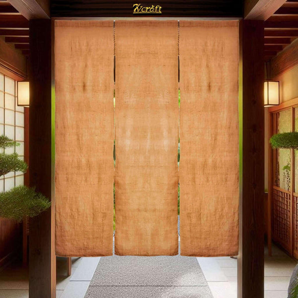 Orange Hemp Ramie Door Curtain, Tie-Dye Shibori Japanese Noren, 3 Pieces Display on Door