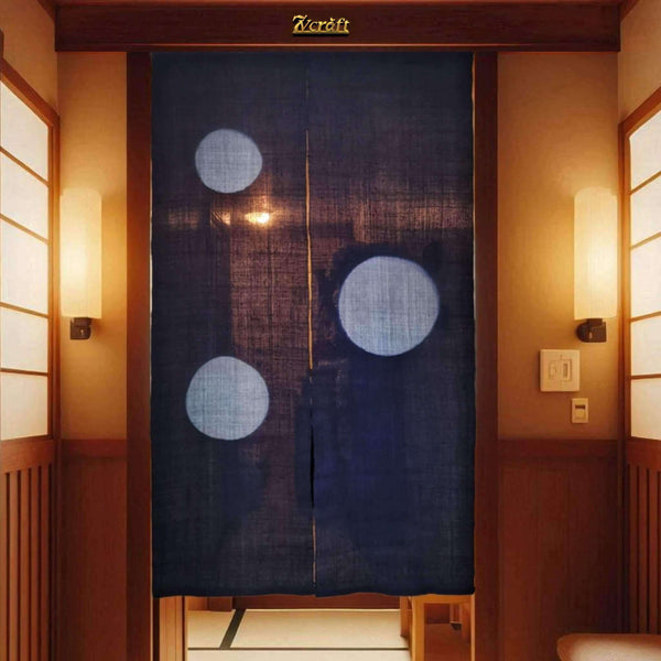 Ramie hemp Shibori tie-dye noren with 3 circular patterns, Display on door