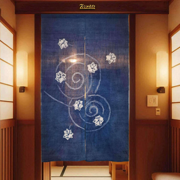 Japanese Shibori Indigo Noren Curtain/Tie-Dye あさ Ramie Room Divider/33x59in/Hanging on Door at Night