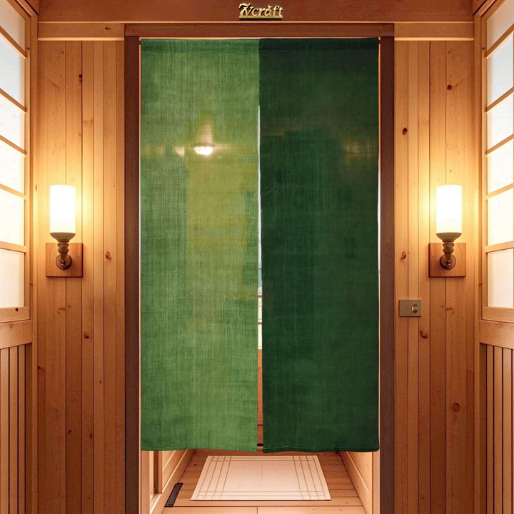 Shibori Japanese Noren Curtain/Two-Tone Green Doorway Curtain Decorative/Handwoven Linen (あさ) 33x59in Hanging on Door