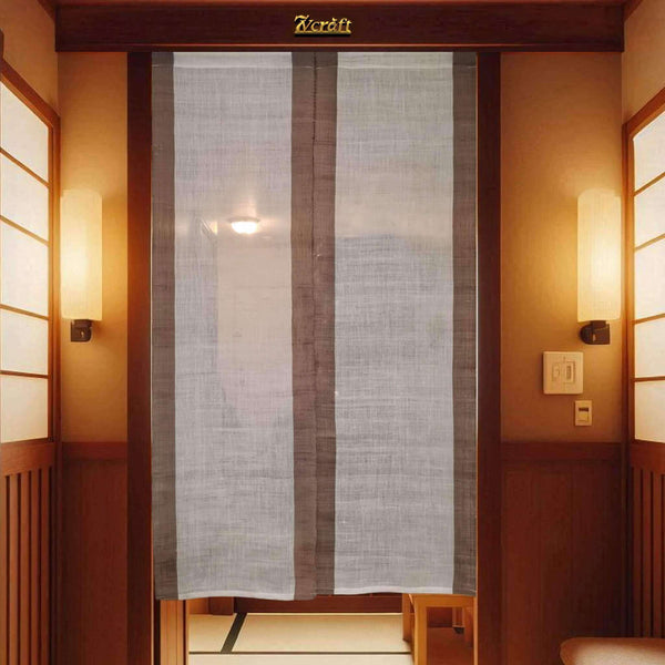 Handwoven Ramie Noren Curtain, Beige+Brown Shibori Room Divider, 33x59in, Hanging on Door at Night