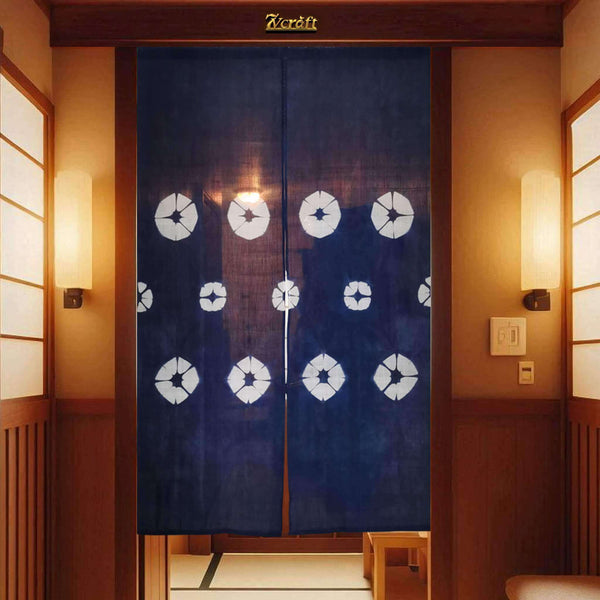 Natural Indigo Plant Dyed Doorway Curtain / Shibori あさ Ramie Noren / 35x59in / Hanging on Door at Night