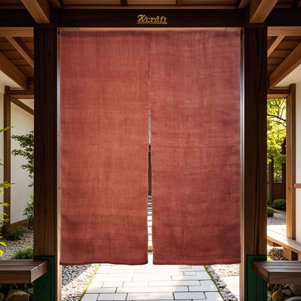 Japanese Noren Tie-Dye Ramie あさ Doorway Curtain, 2 Panels, Rust Red, Hanging on Door