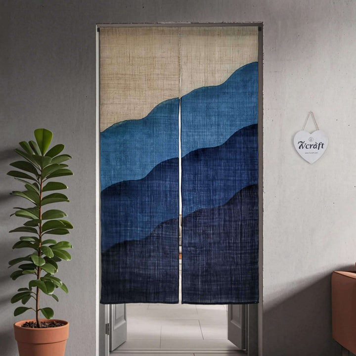 Shibori Linen Ramie あさ Noren Curtain/Japanese Doorway Curtain/Mountains Handing on door