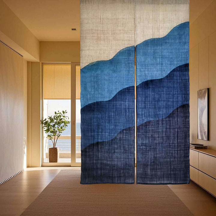 Shibori Linen Ramie あさ Noren Curtain/Japanese Doorway Curtain/Mountains/35x59in Room Divider 