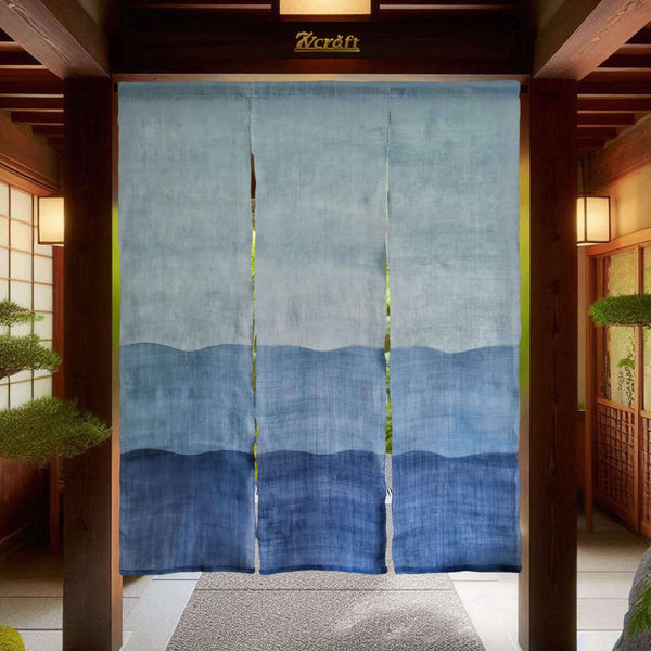 Japanese Noren Tie-Dye Ramie あさ Doorway Curtain, 3 Panels, Waves, Hanging on Door