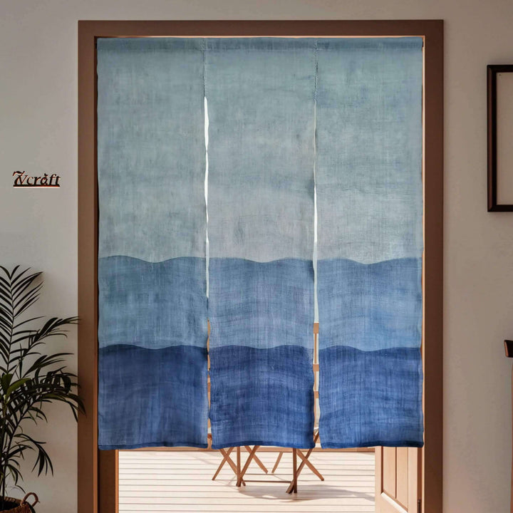 Japanese Noren Tie-Dye Ramie あさ Doorway Curtain, 3 Panels, Waves Pattern. Hanging on Door