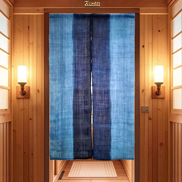 Hand-Dyed Shibori Japanese Noren Curtain/Handwoven Linen Ramie (あさ) Doorway Curtain/Two-Tone Blue/33x59in/Hanging on Door