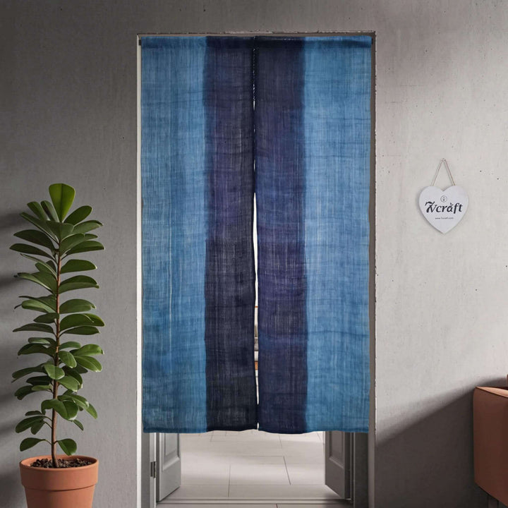 Hand-Dyed Shibori Japanese Noren Curtain/Handwoven Linen Ramie (あさ) Doorway Curtain/Two-Tone Blue/33x59in, Hanging on Door