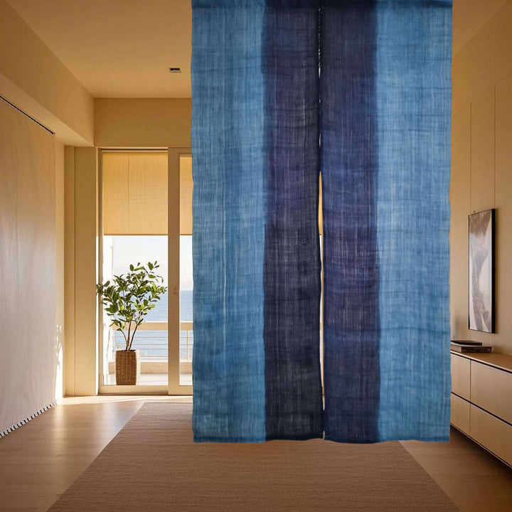 Hand-Dyed Shibori Japanese Noren Curtain/Handwoven Linen Ramie (あさ) Doorway Curtain/Two-Tone Blue