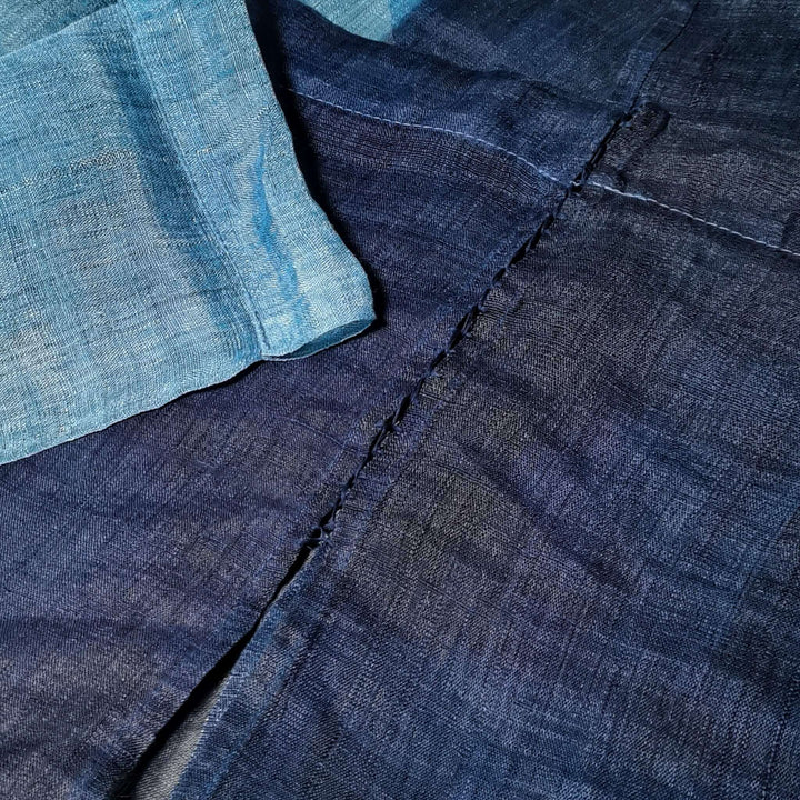 Hand-Dyed Shibori Japanese Noren Curtain/Handwoven Linen Ramie (あさ) Doorway Curtain/Two-Tone Blue/33x59in Fabric Details