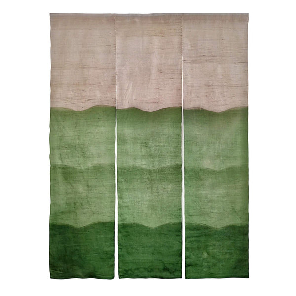 Japanese Noren Tie-Dye Handwoven Linen Ramie あさ Doorway Curtain, 3 Panels, Green Waves