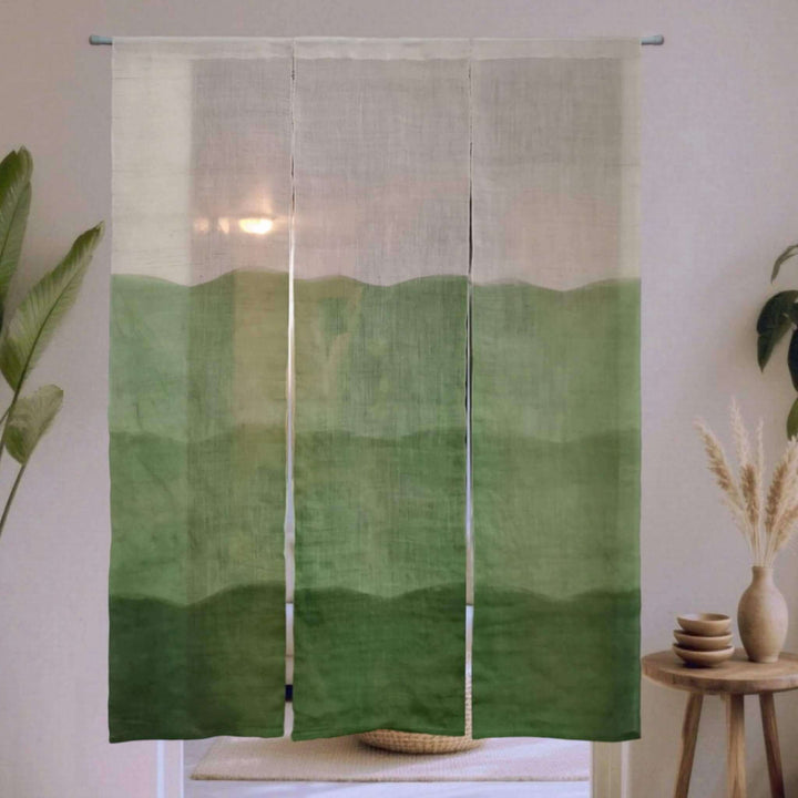 Light Japanese Noren Tie-Dye Handwoven Linen Ramie あさ Doorway Curtain, 3 Panels, Green Waves, Hanging on Door