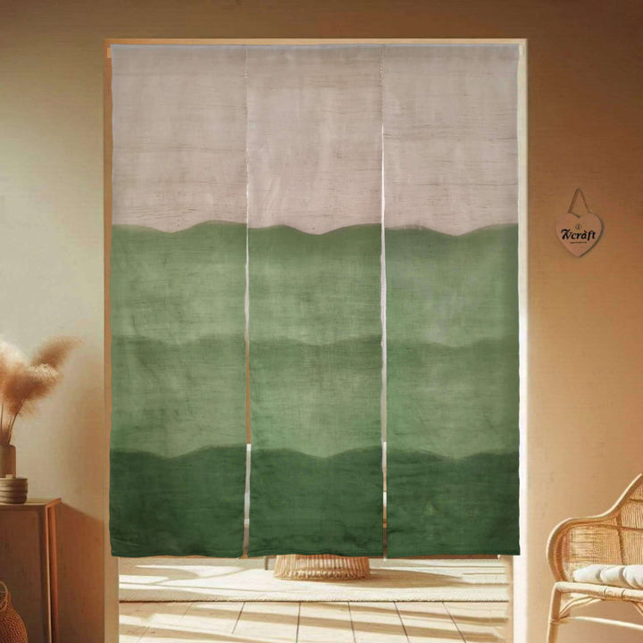 Japanese Noren Tie-Dye Handwoven Linen Ramie あさ Doorway Curtain, 3 Panels, Green Waves, Hanging on Door