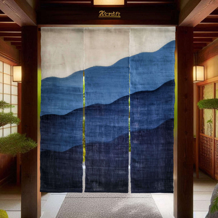 Wide Japanese Noren Curtain/Handwoven Linen Hemp (あさ) 3-Panels Door Curtain/Indigo Waves/Hanging on Door