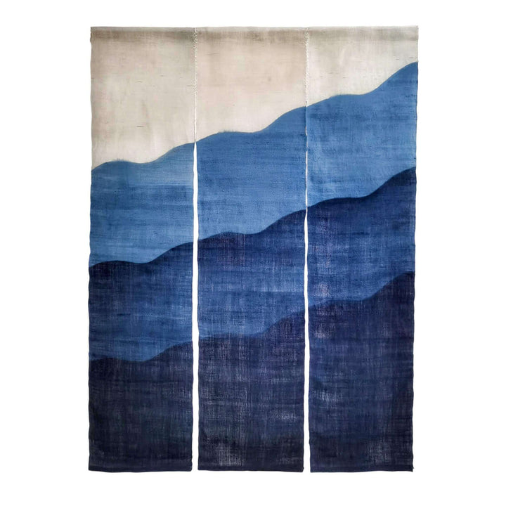 Wide Japanese Noren Curtain/Handwoven Linen Hemp (あさ) 3-Panels Door Curtain/Indigo Waves