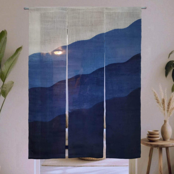 Wide Japanese Noren Curtain/Handwoven Linen Hemp (あさ) 3-Panels Door Curtain/Indigo Mountains/Hanging on Door